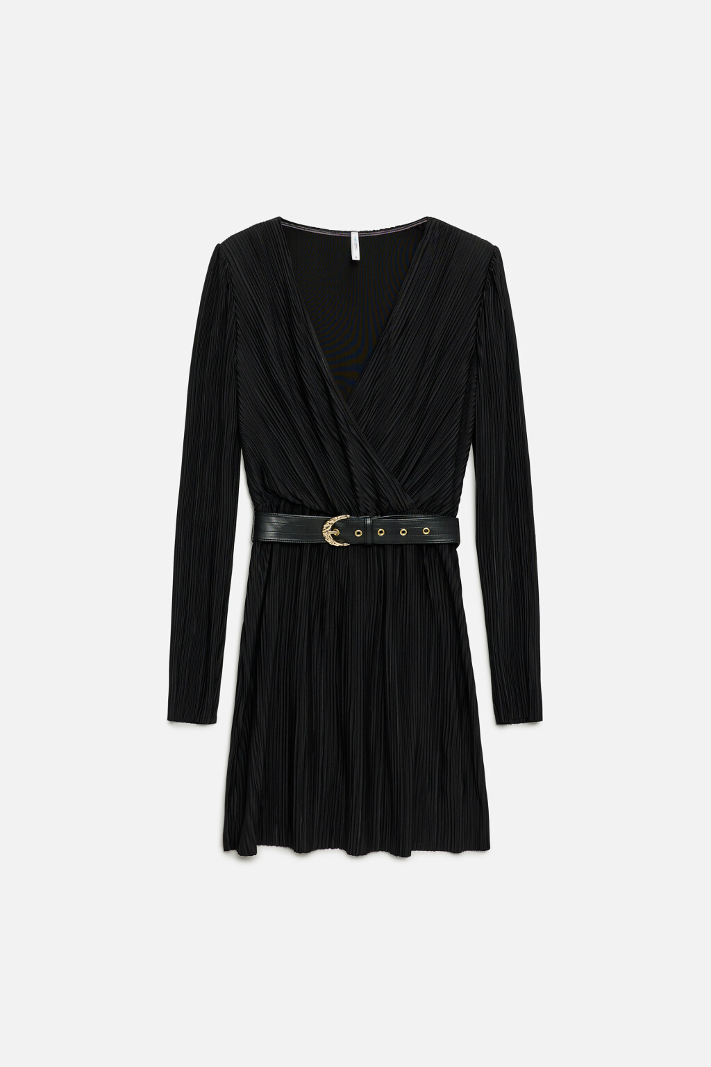 Платье мини из плиссированной ткани с запахом и ремнем - цвет черный - 8