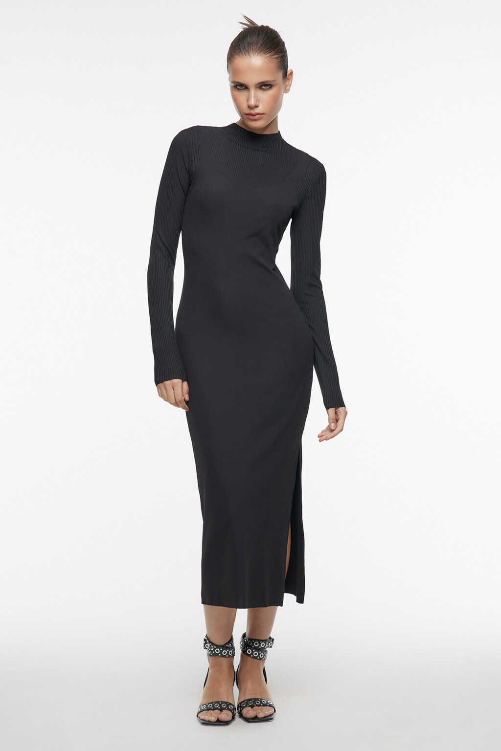 Платье-лапша миди облегающее в рубчик с разрезом - цвет черный - 2