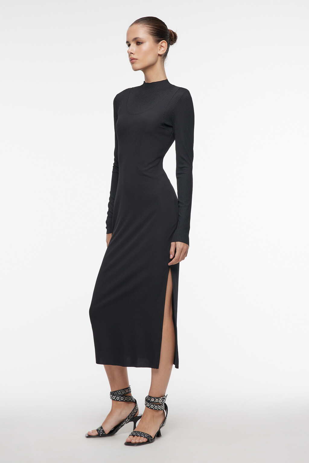 Платье-лапша миди облегающее в рубчик с разрезом - цвет черный - 3
