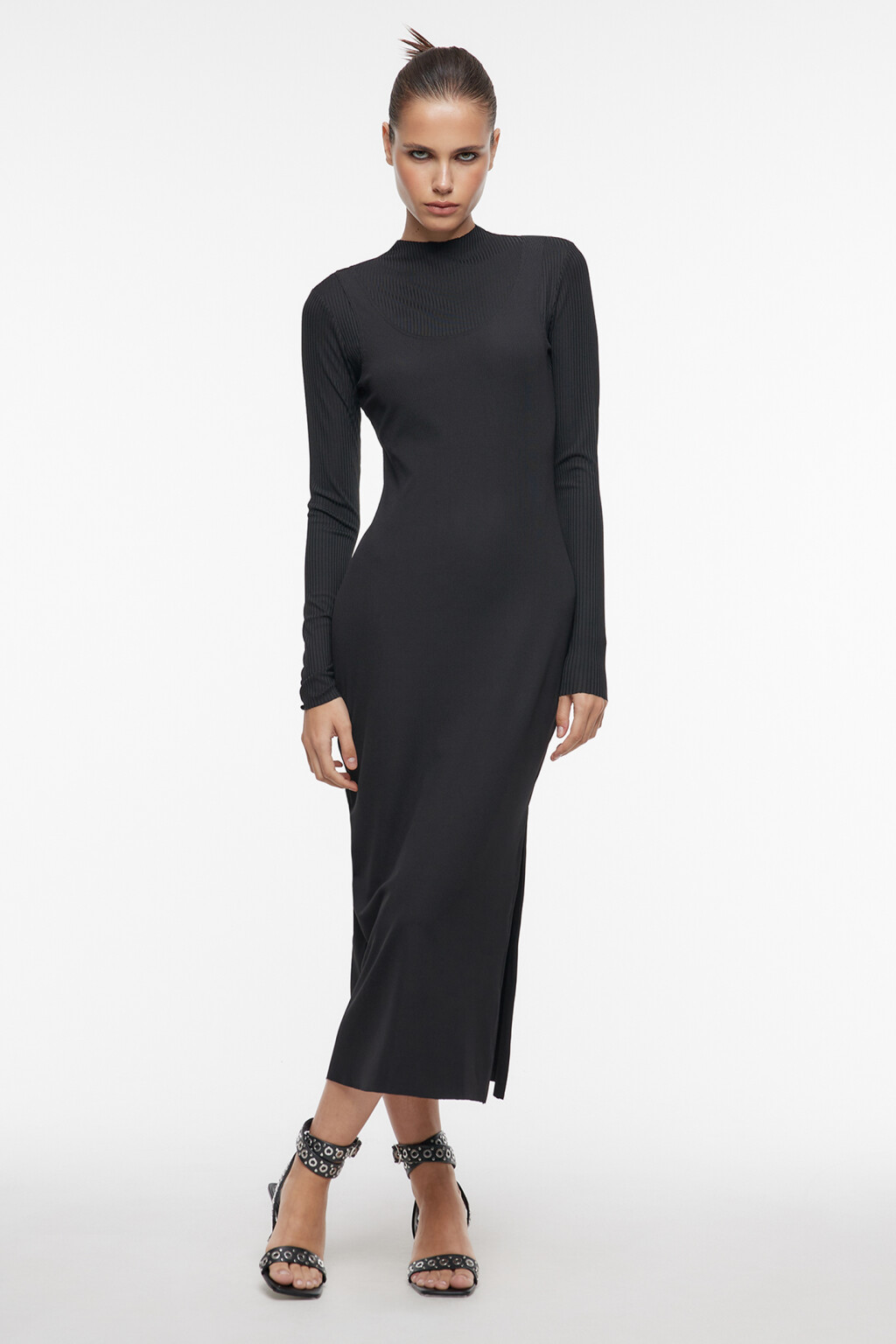 Платье-лапша миди облегающее в рубчик с разрезом - цвет черный - 1