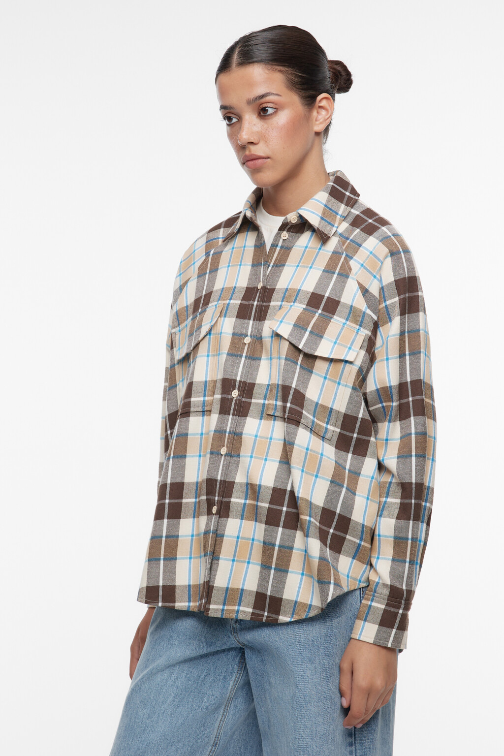 Рубашка oversize фланелевая в клетку с карманами - цвет бежевый - 3