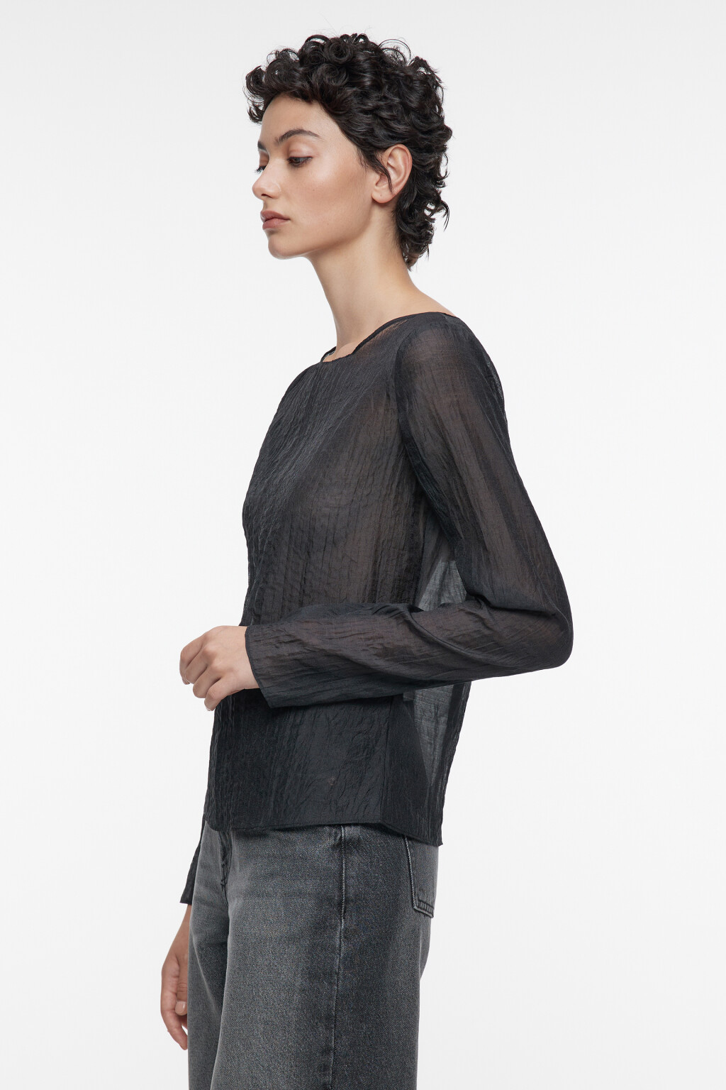 Блузка шифоновая прозрачная из жатой ткани - цвет черный - 3