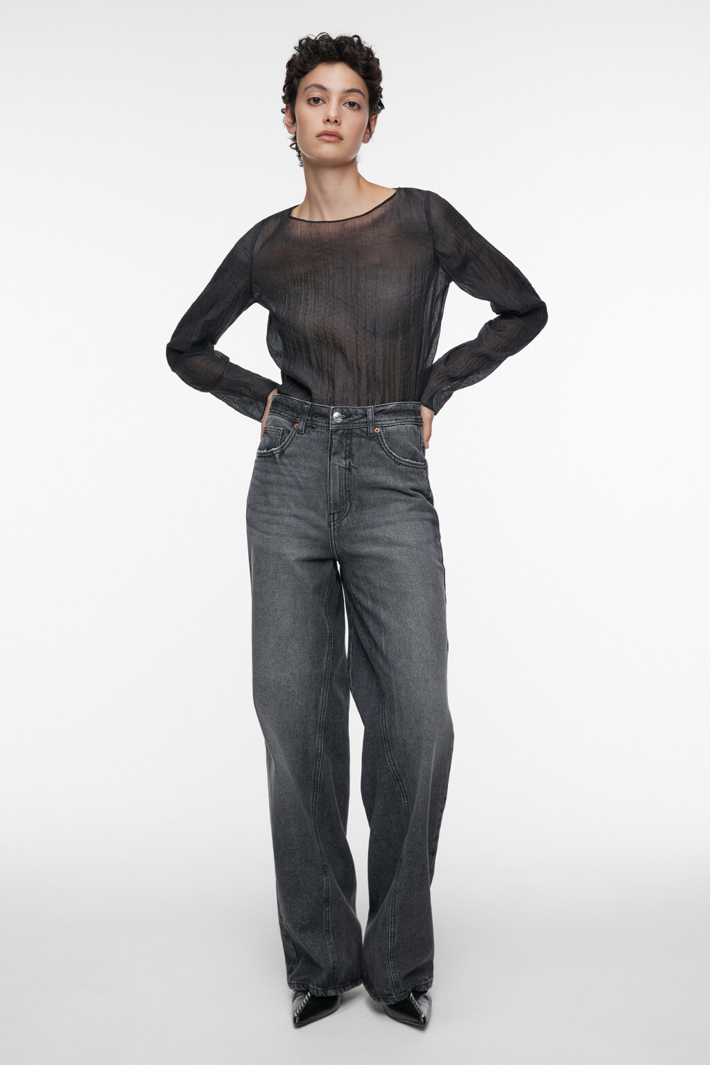 Блузка шифоновая прозрачная из жатой ткани - цвет черный - 1