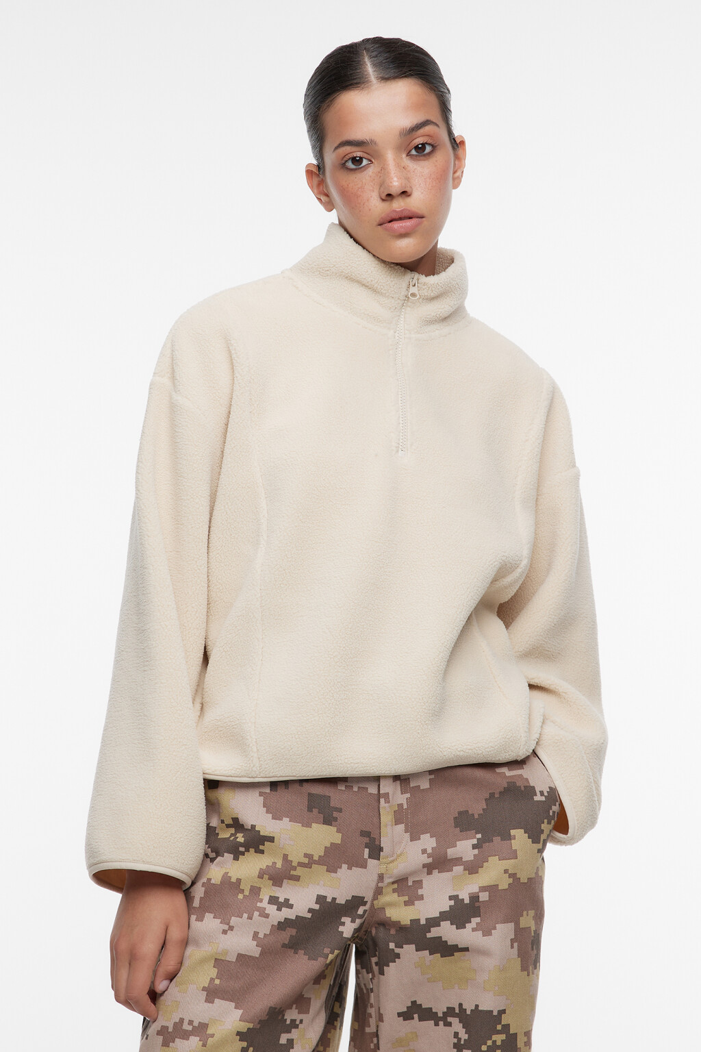 Толстовка oversize из флиса с воротником на молнии - цвет бежевый - 1