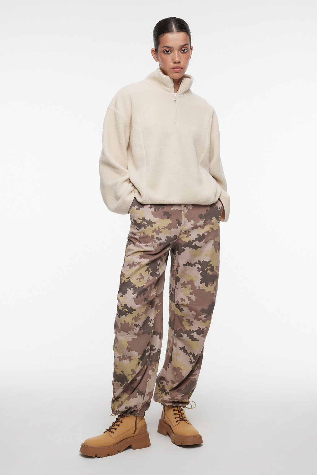 Толстовка oversize из флиса с воротником на молнии - цвет бежевый - 4