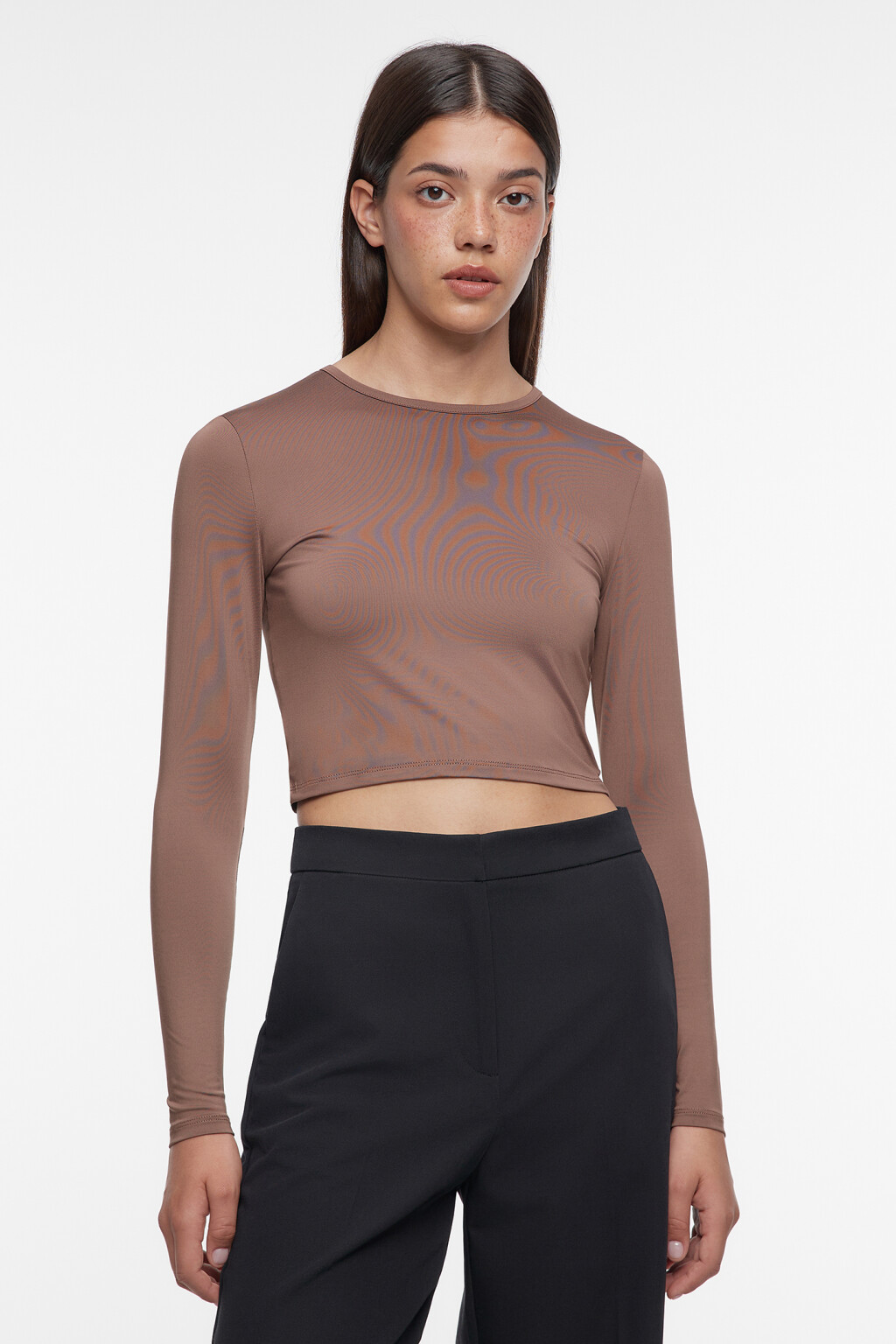 Лонгслив облегающий укороченный с круглым вырезом - цвет бежевый - 2