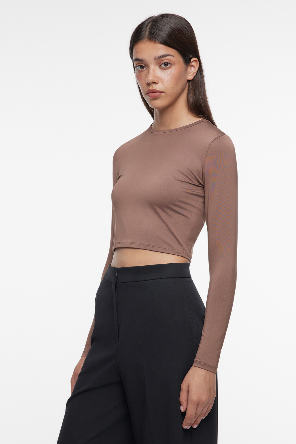 Лонгслив облегающий укороченный с круглым вырезом - цвет бежевый - 3