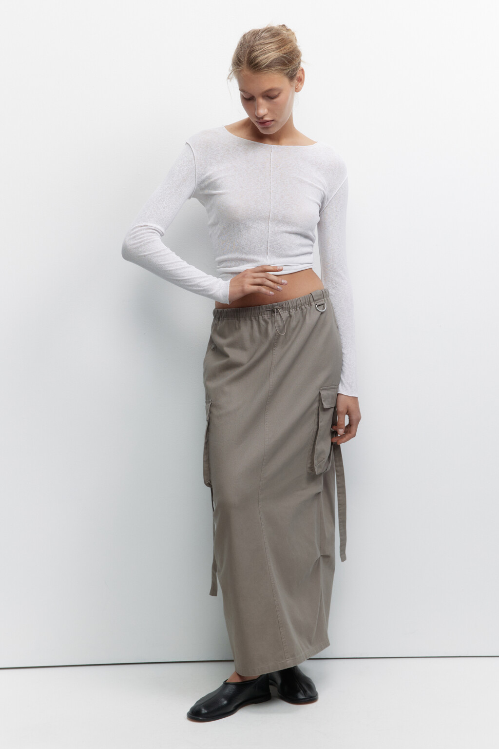 Юбка-парашют макси с карманами карго и разрезом - цвет серый - 1