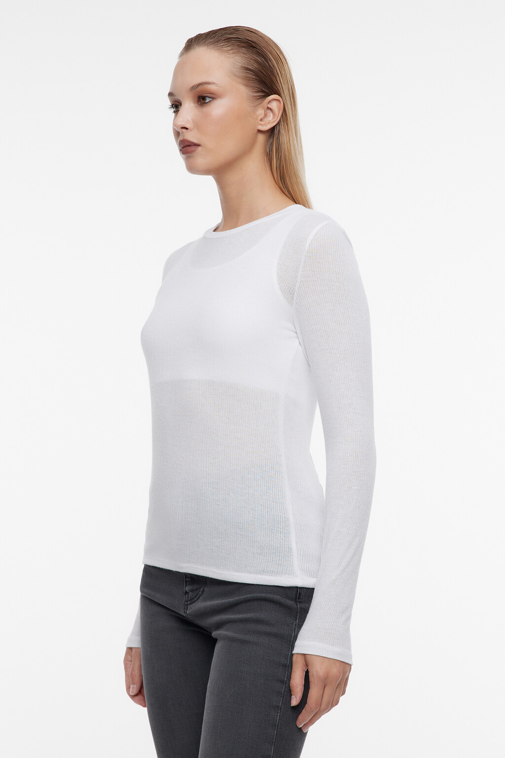 Лонгслив облегающий тонкий с подкладкой-топом - цвет белый - 2