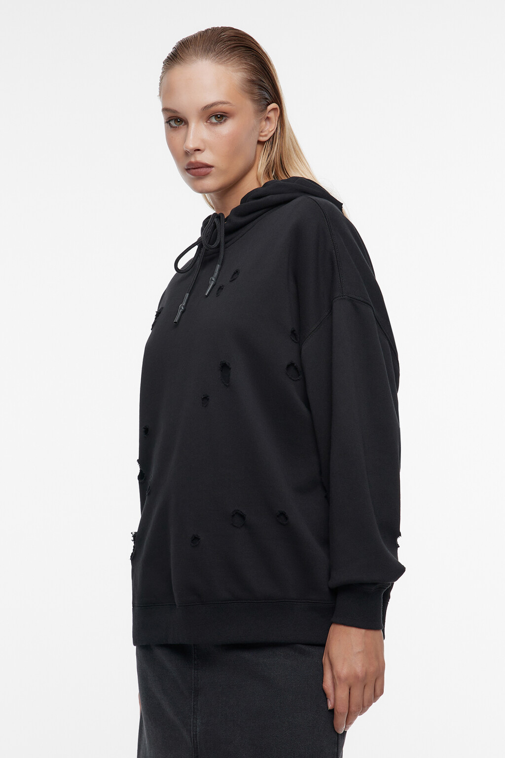 Худи oversize рваная с подкладкой и капюшоном - цвет черный - 3