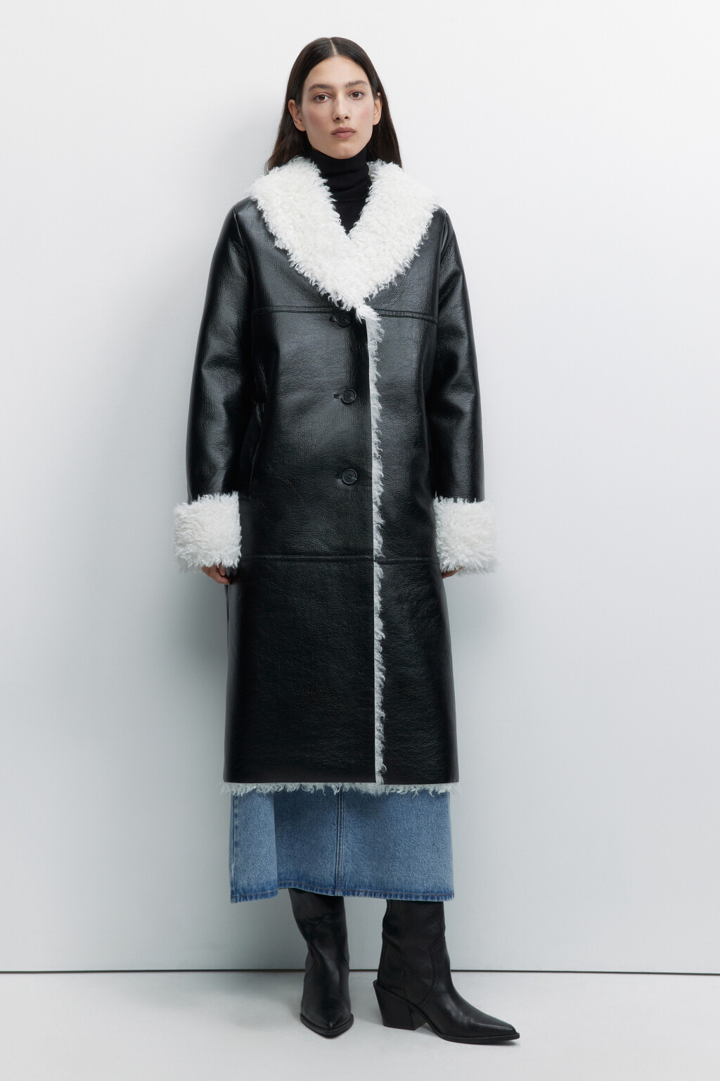 Дубленка-афганка длинная с подкладкой - цвет черный - 2