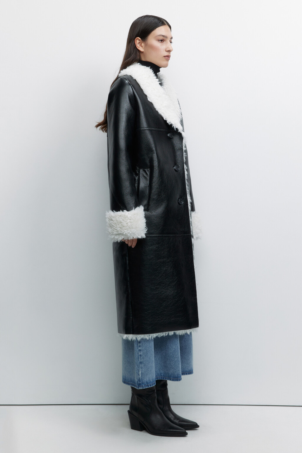 Дубленка-афганка длинная с подкладкой - цвет черный - 3