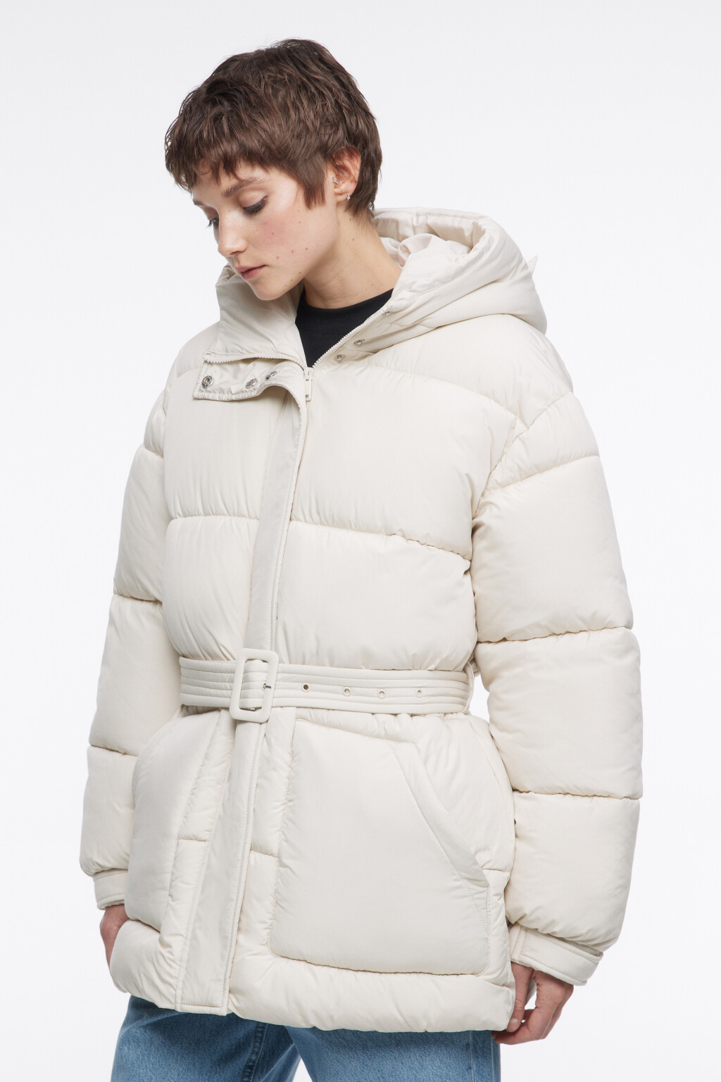 Куртка стеганая с поясом и ушками на капюшоне - цвет молочный - 4