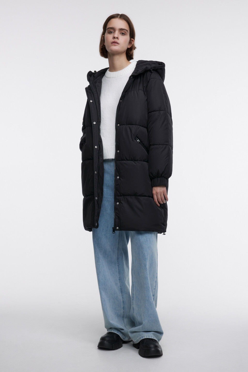 Пальто стеганое дутое с капюшоном и воротником - цвет черный - 1