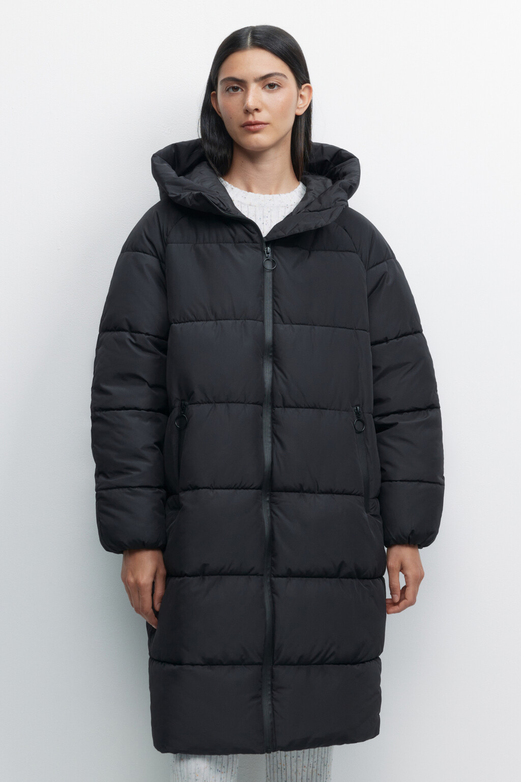 Пальто oversize стеганое длинное с капюшоном - цвет черный - 1