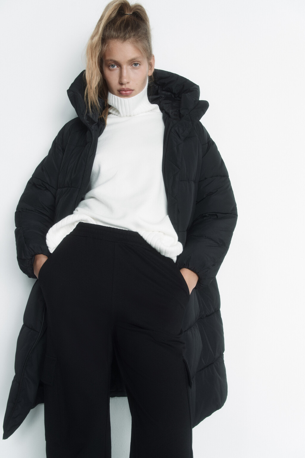 Пальто oversize стеганое длинное с капюшоном - цвет черный - 8