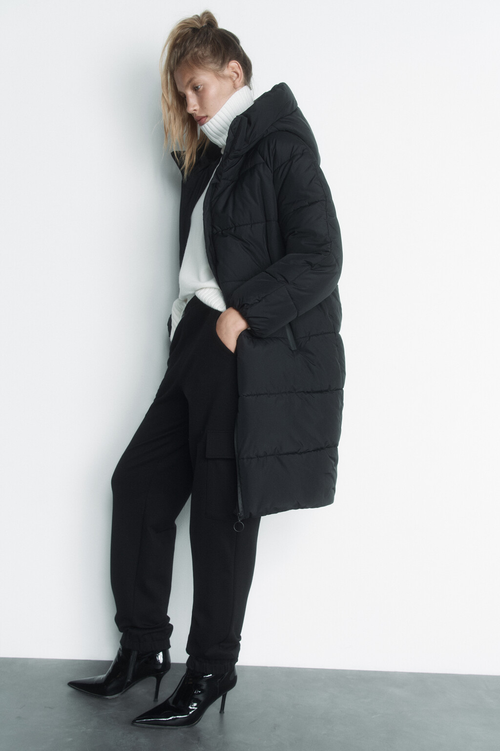 Пальто oversize стеганое длинное с капюшоном - цвет черный - 10