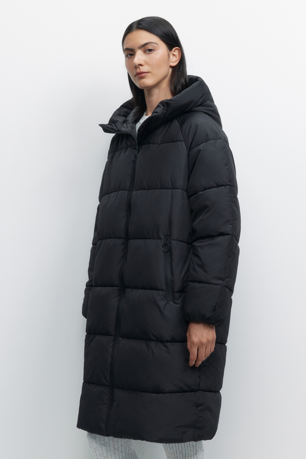 Пальто oversize стеганое длинное с капюшоном - цвет черный - 2