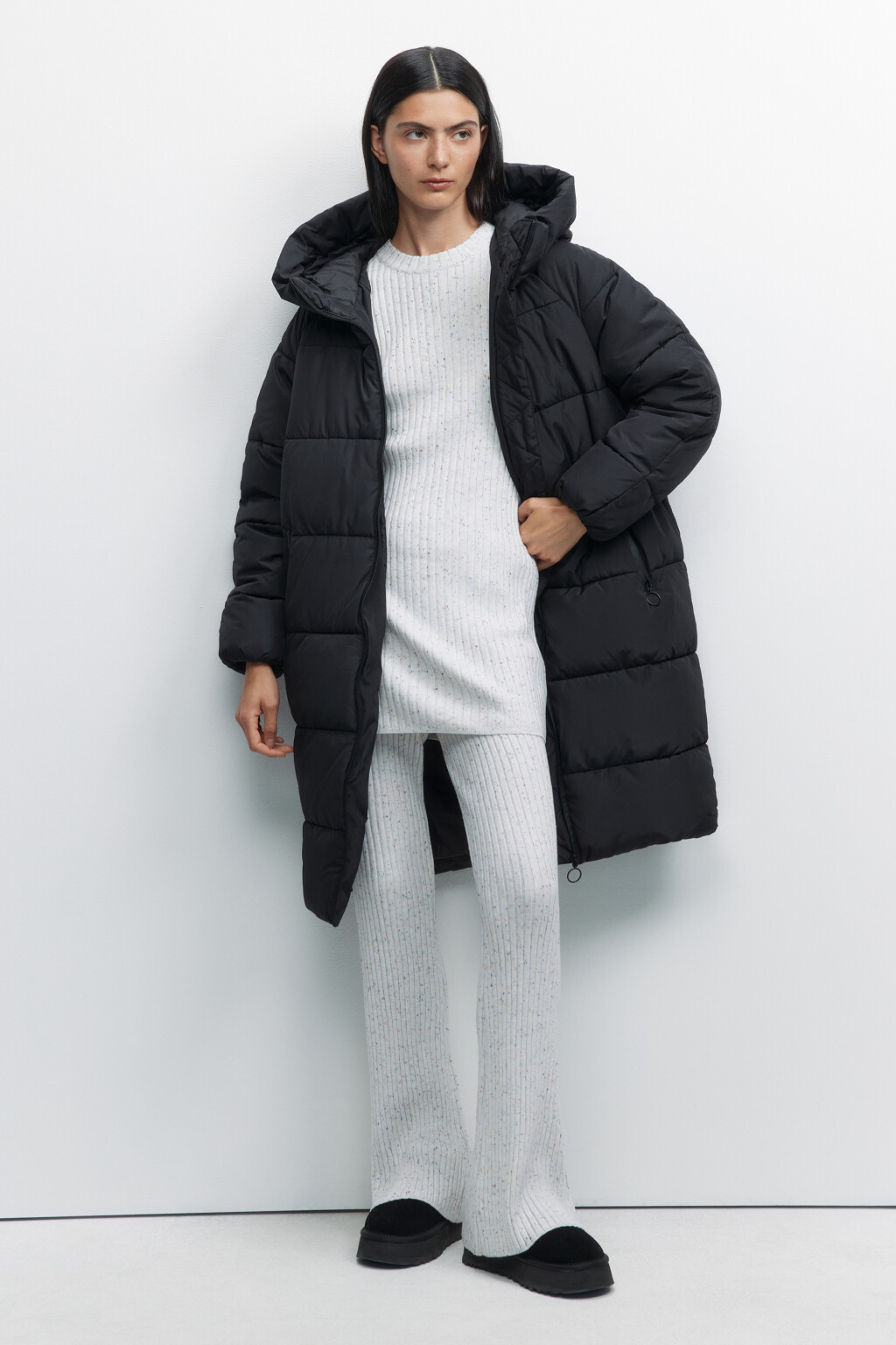 Пальто oversize стеганое длинное с капюшоном - цвет черный - 4