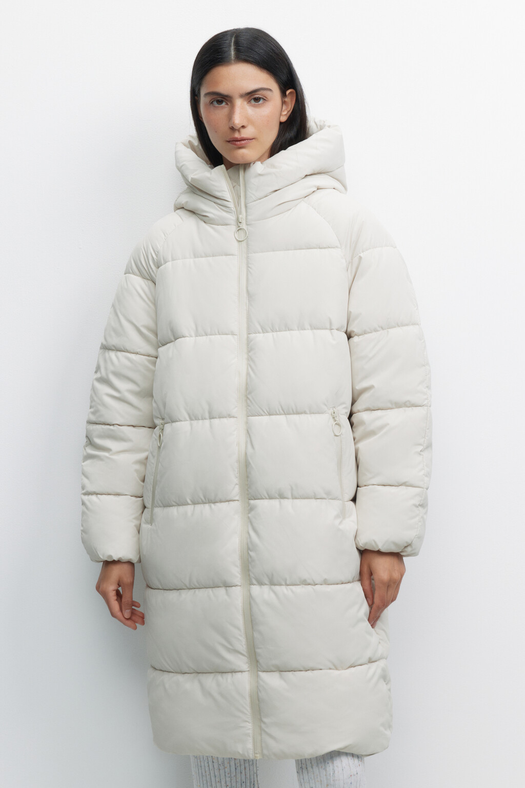 Пальто oversize стеганое длинное с капюшоном - цвет молочный - 3