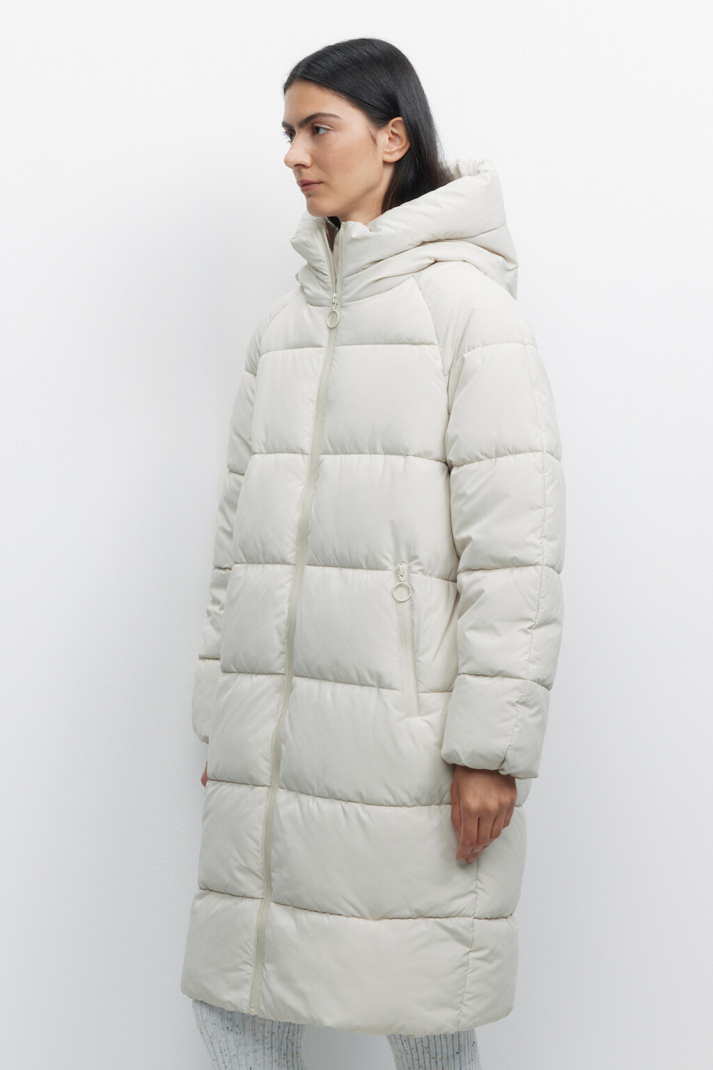 Пальто oversize стеганое длинное с капюшоном - цвет молочный - 4