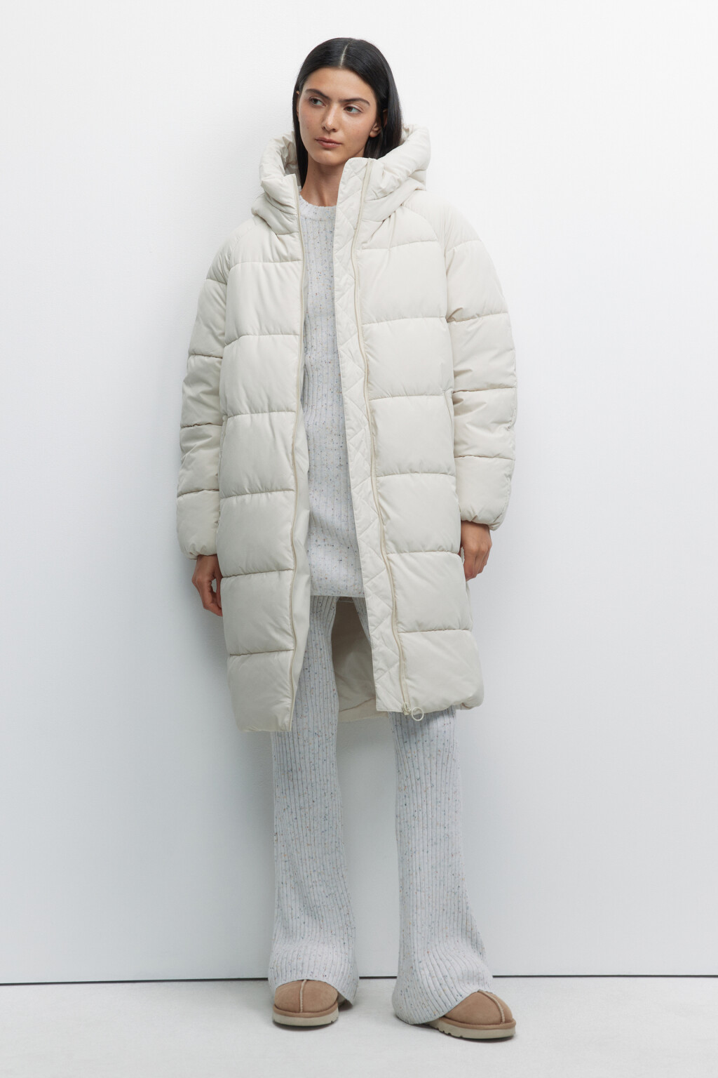 Пальто oversize стеганое длинное с капюшоном - цвет молочный - 2