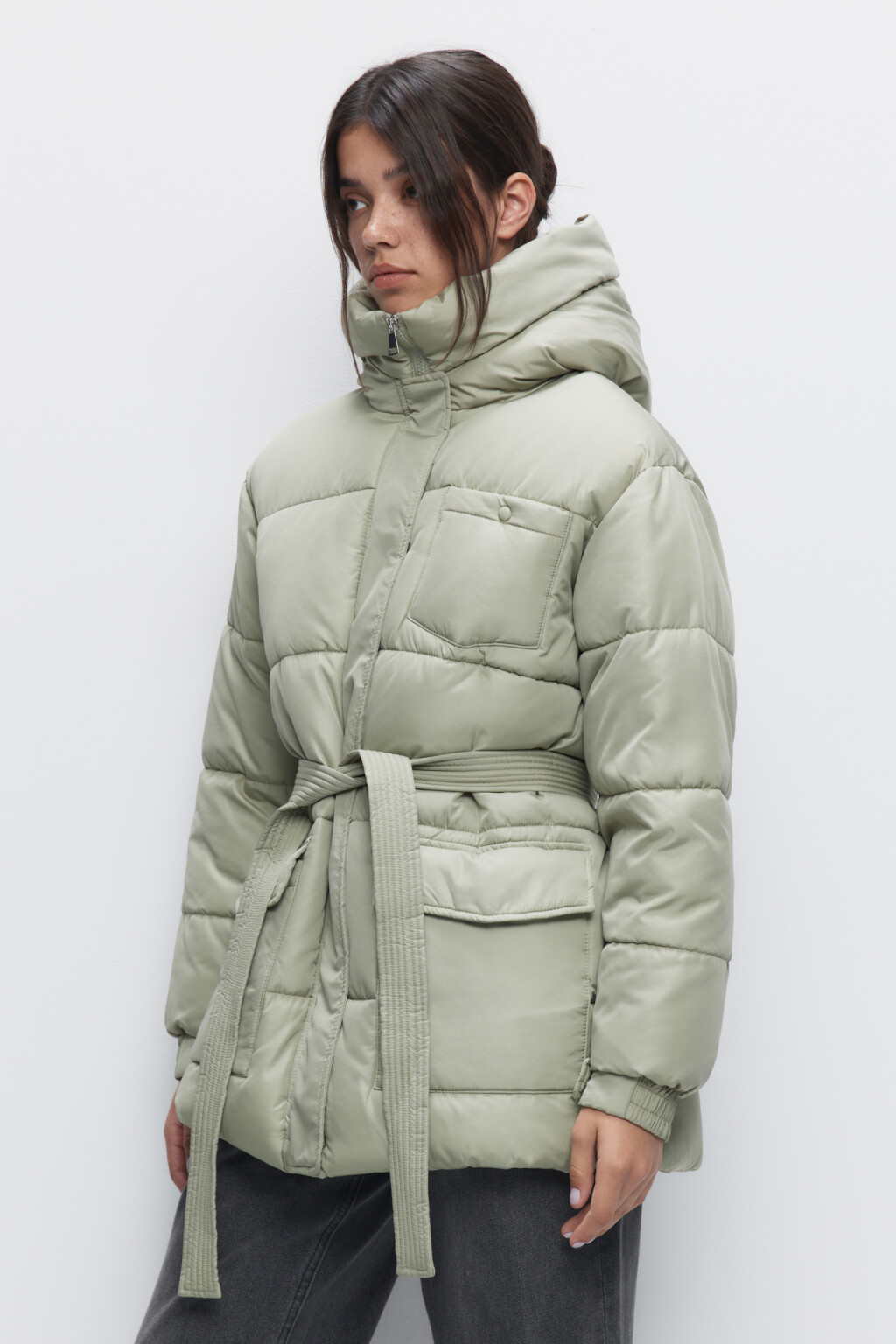 Куртка стеганая утепленная с капюшоном и поясом - цвет мятный - 2