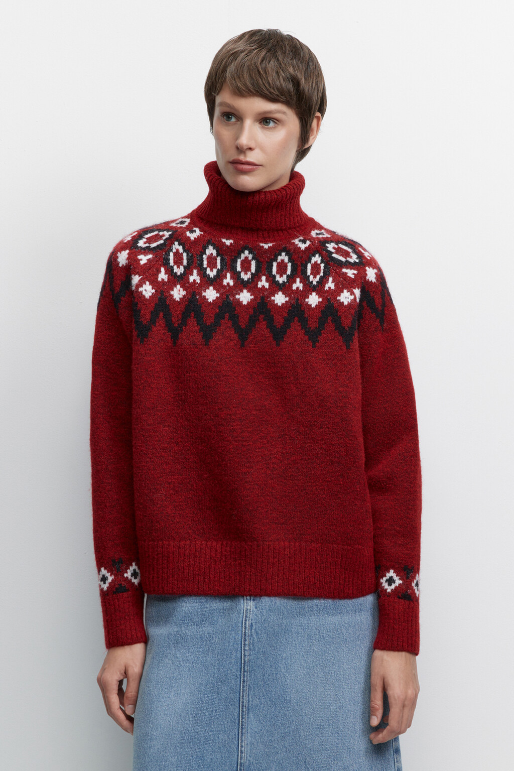 Свитер вязаный с принтом в стиле лопапейса - цвет красный - 2