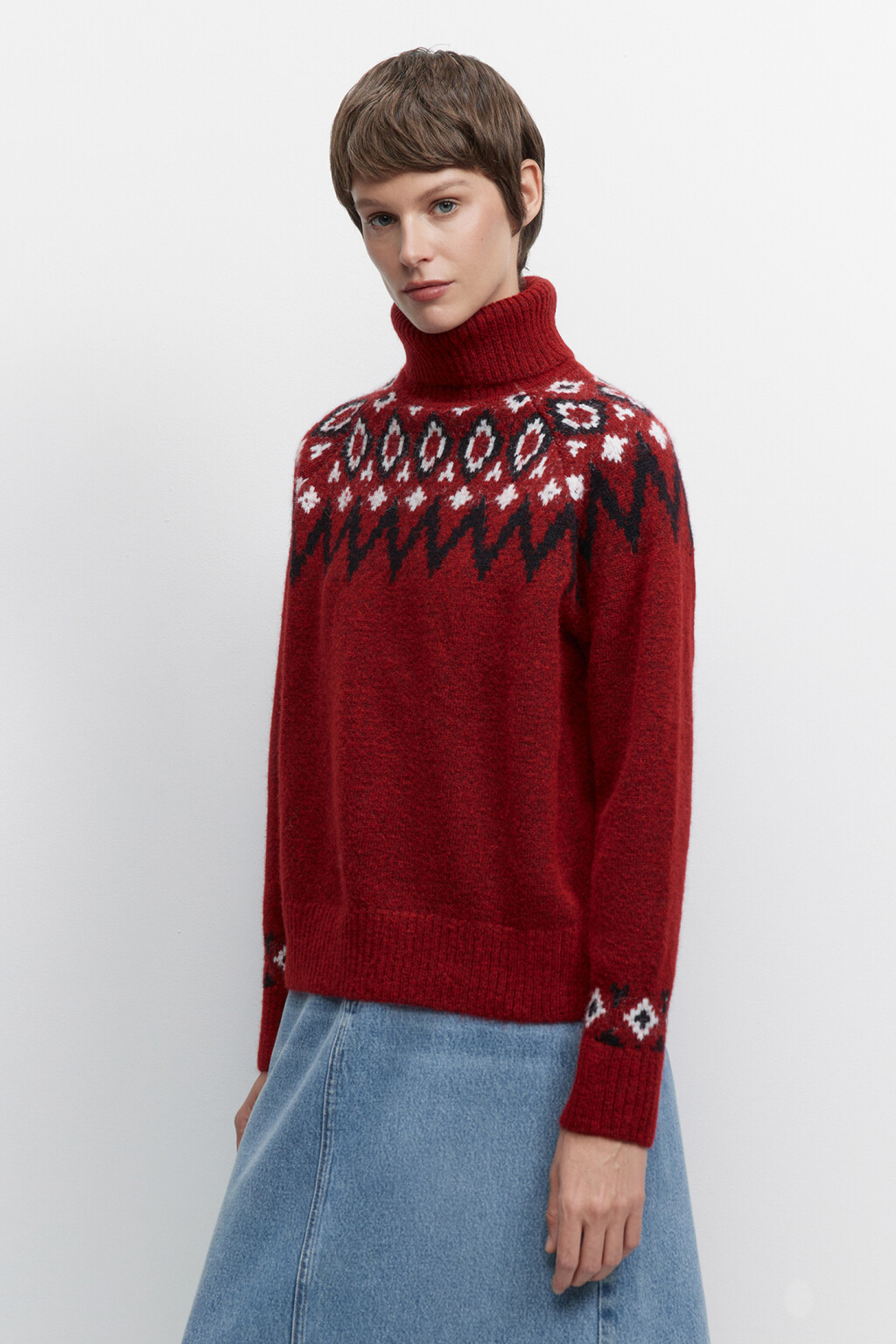 Свитер вязаный с принтом в стиле лопапейса - цвет красный - 3