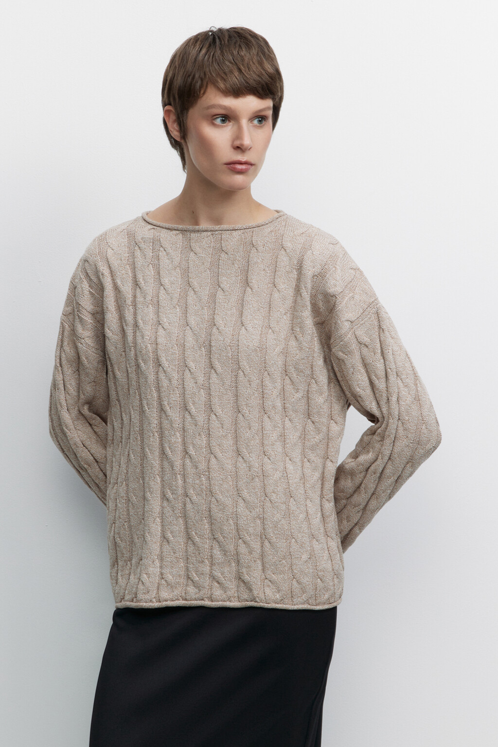 Джемпер oversize вязаный с узором-косичкой - цвет бежевый - 2