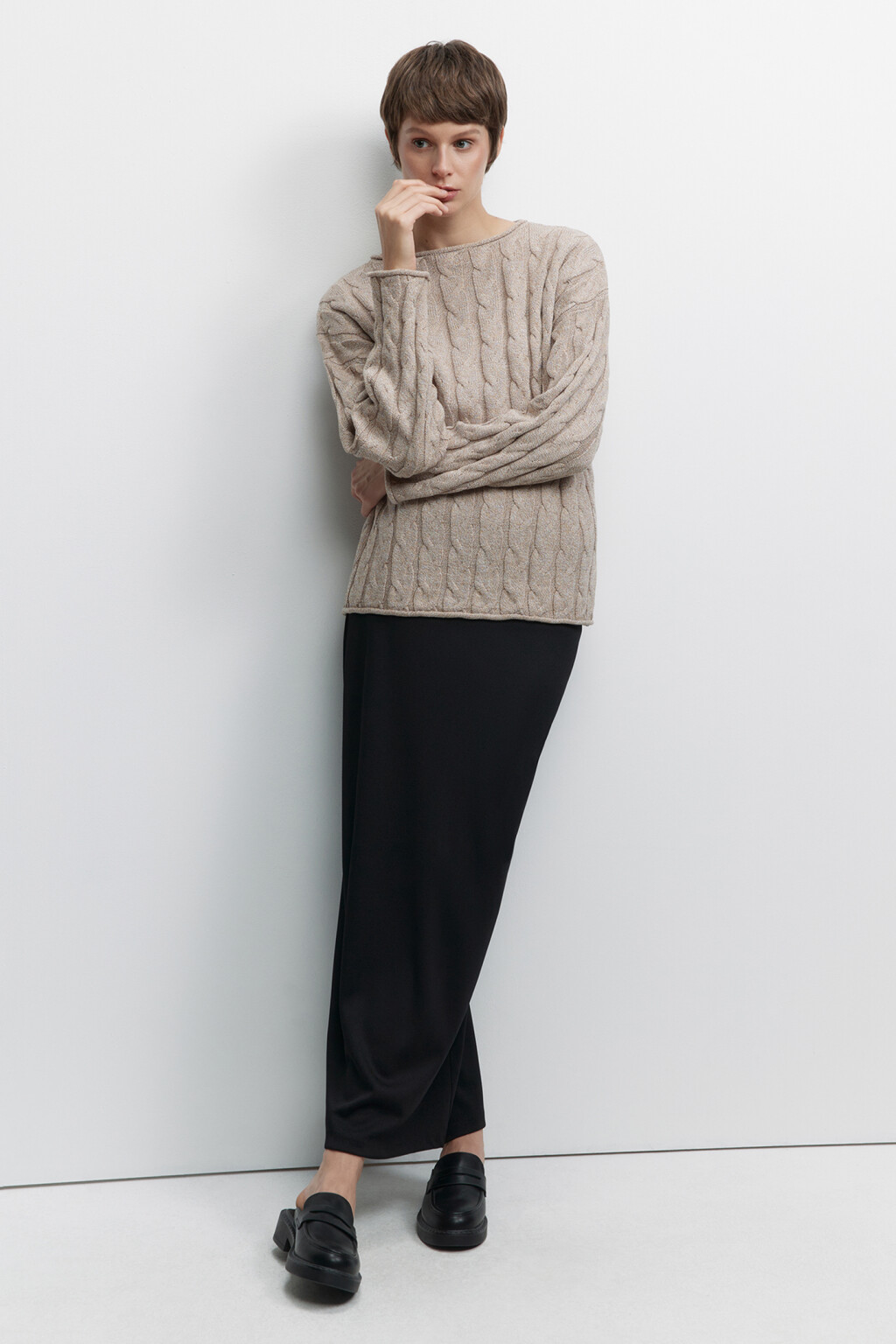 Джемпер oversize вязаный с узором-косичкой - цвет бежевый - 1