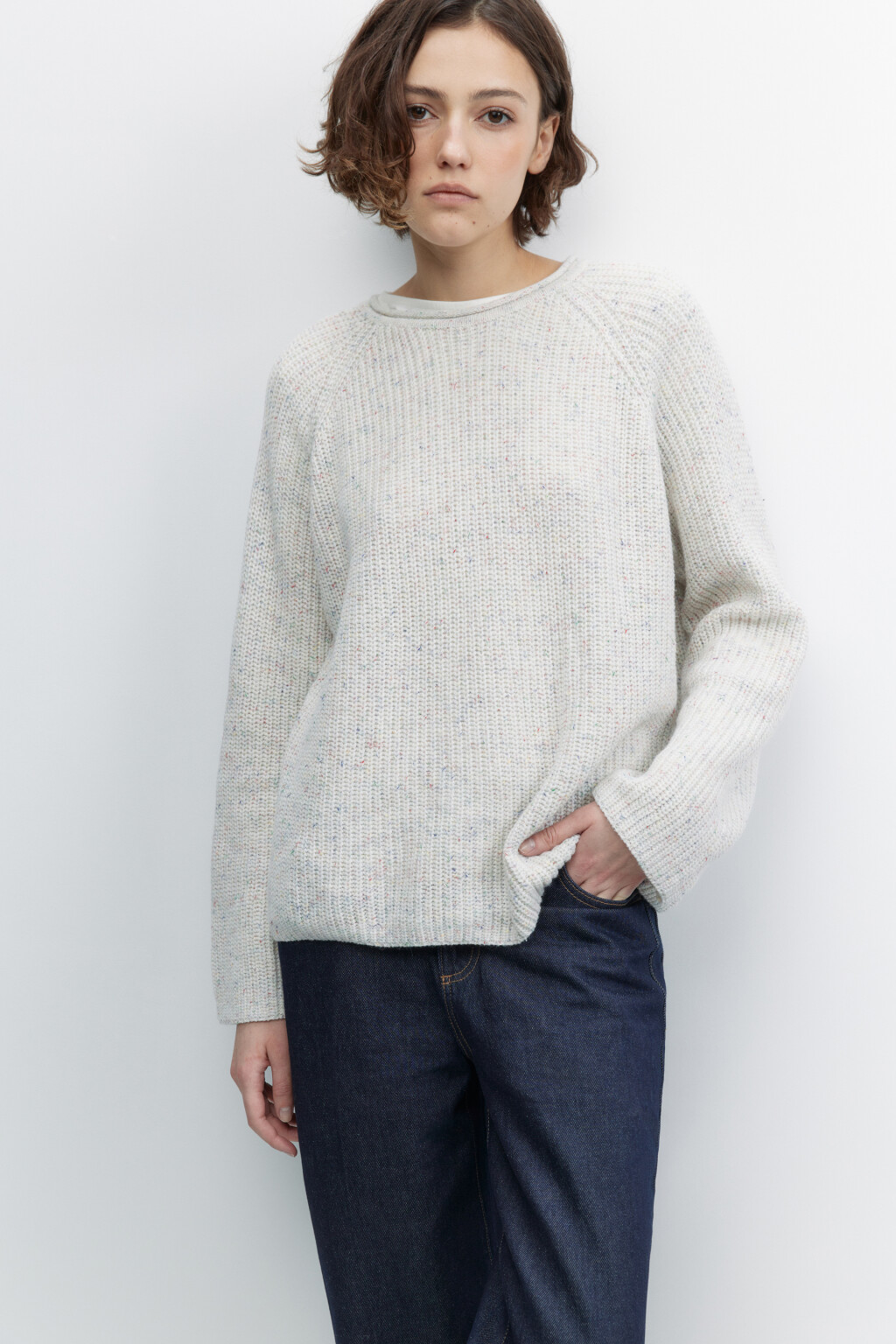 Джемпер вязаный свободный с рукавами реглан - цвет белый - 1