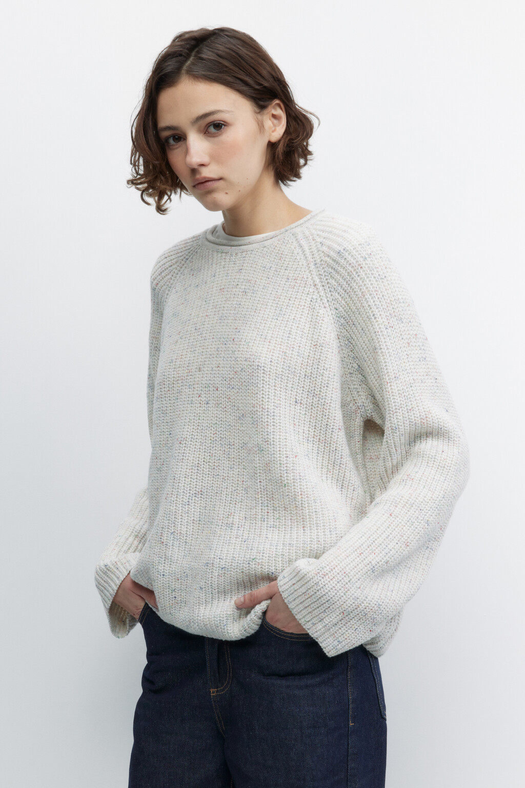 Джемпер вязаный свободный с рукавами реглан - цвет белый - 3