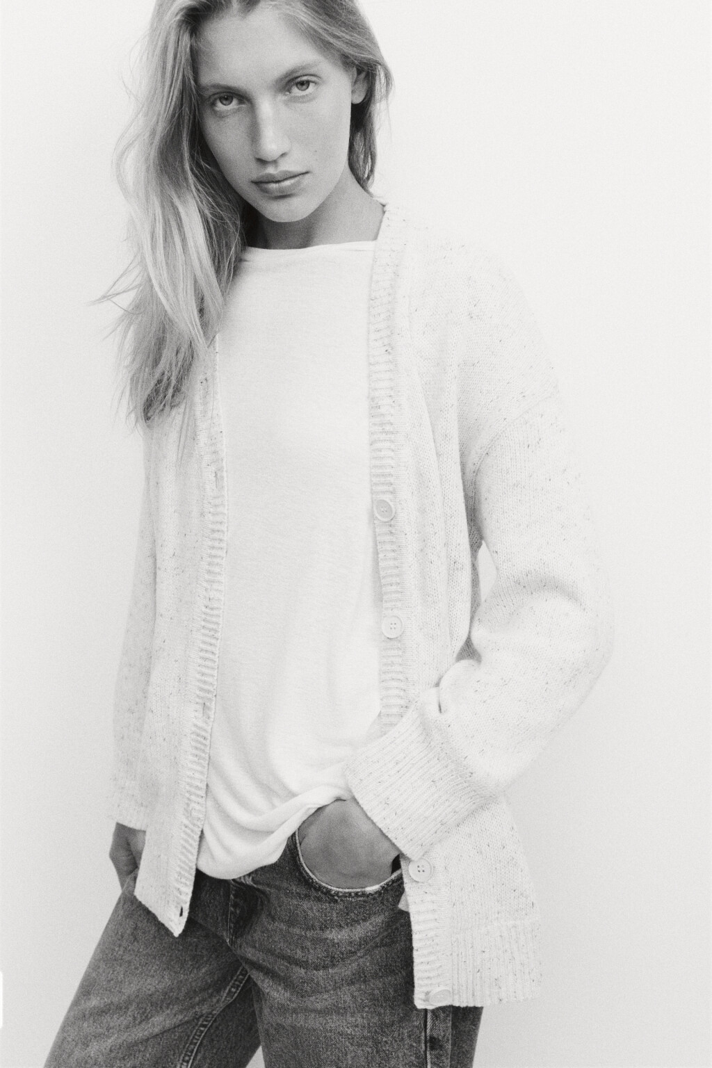 Кардиган oversize вязаный с карманами - цвет белый - 1