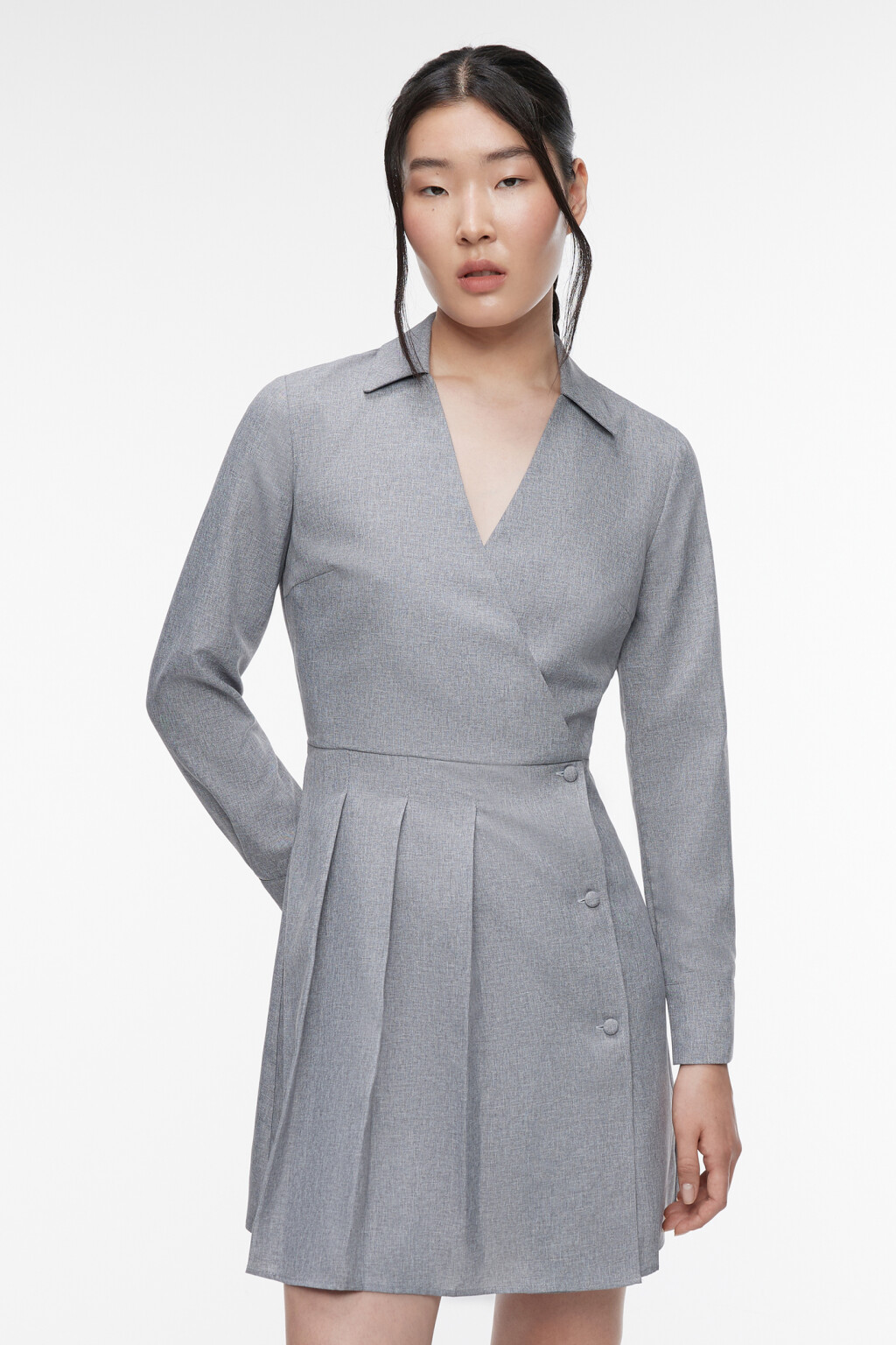 Платье-рубашка мини приталенное с V-вырезом - цвет серый - 3