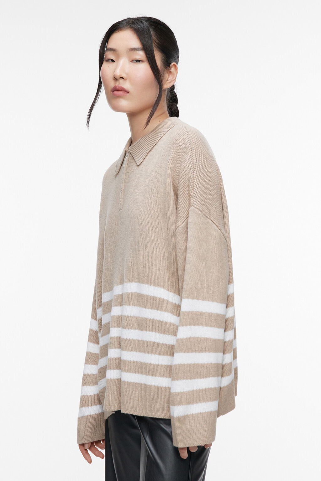 Свитер oversize с воротником-стойкой на молнии - цвет бежевый - 3