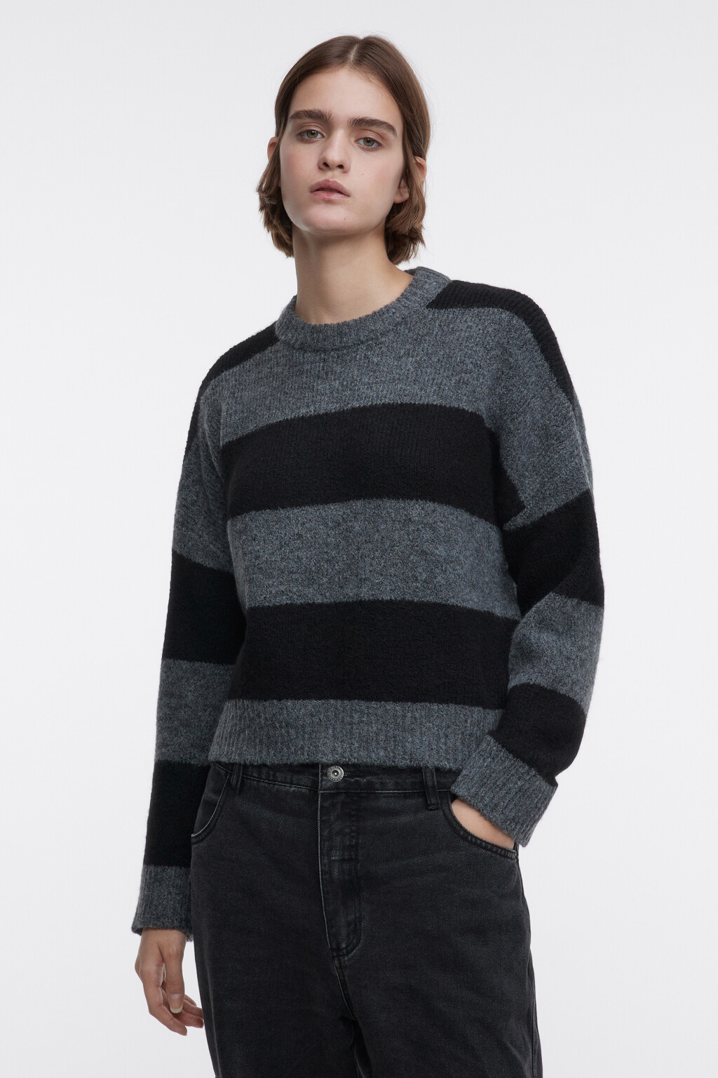 Джемпер вязаный свободный в полоску - цвет серый - 1