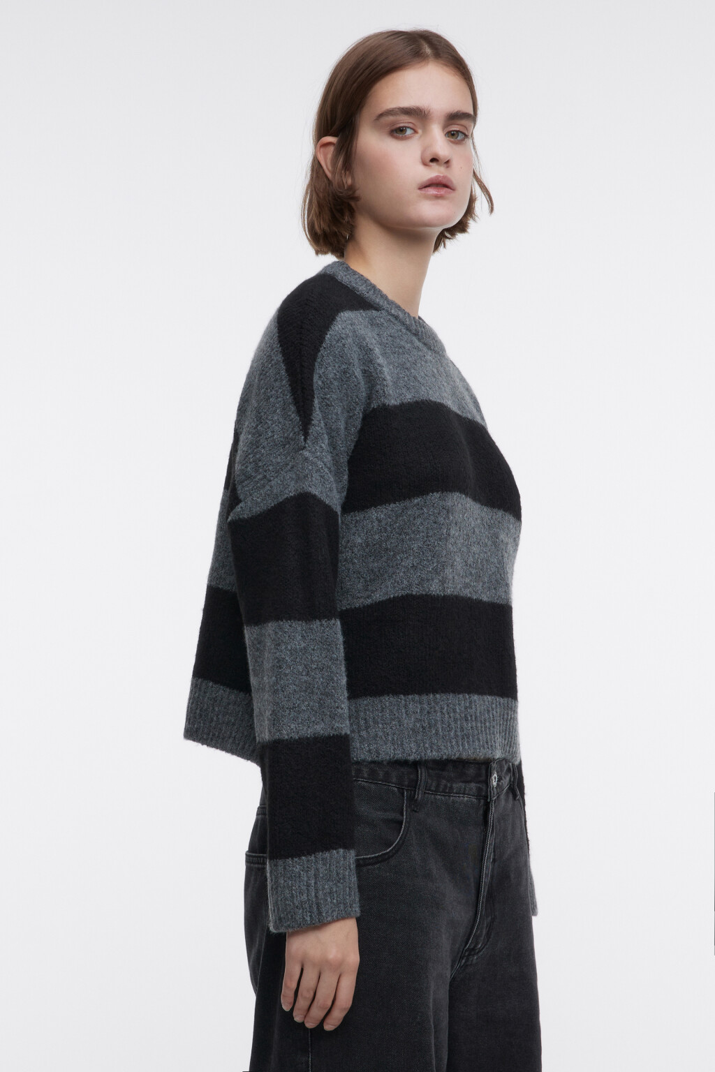 Джемпер вязаный свободный в полоску - цвет серый - 2