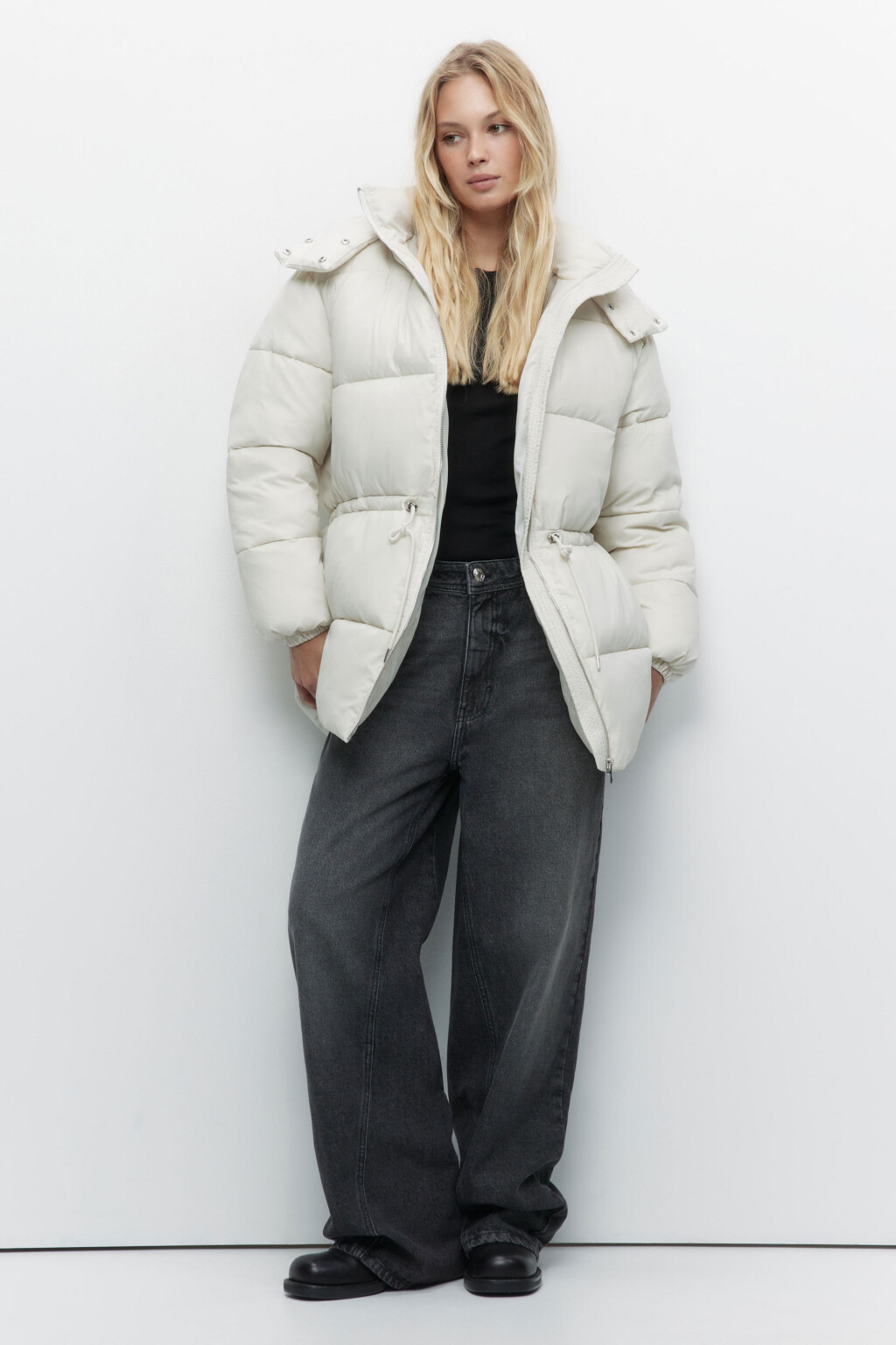 Куртка-парка стеганая утепленная с капюшоном - цвет молочный - 2