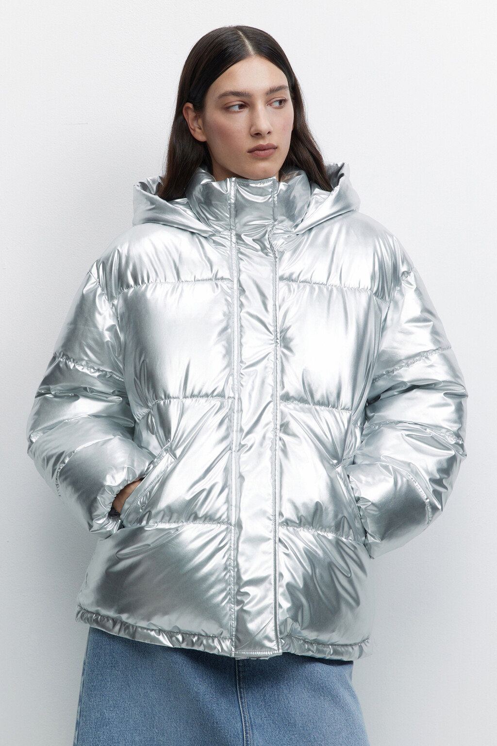 Куртка дутая стеганая с капюшоном и эффектом металлик - цвет серый - 2