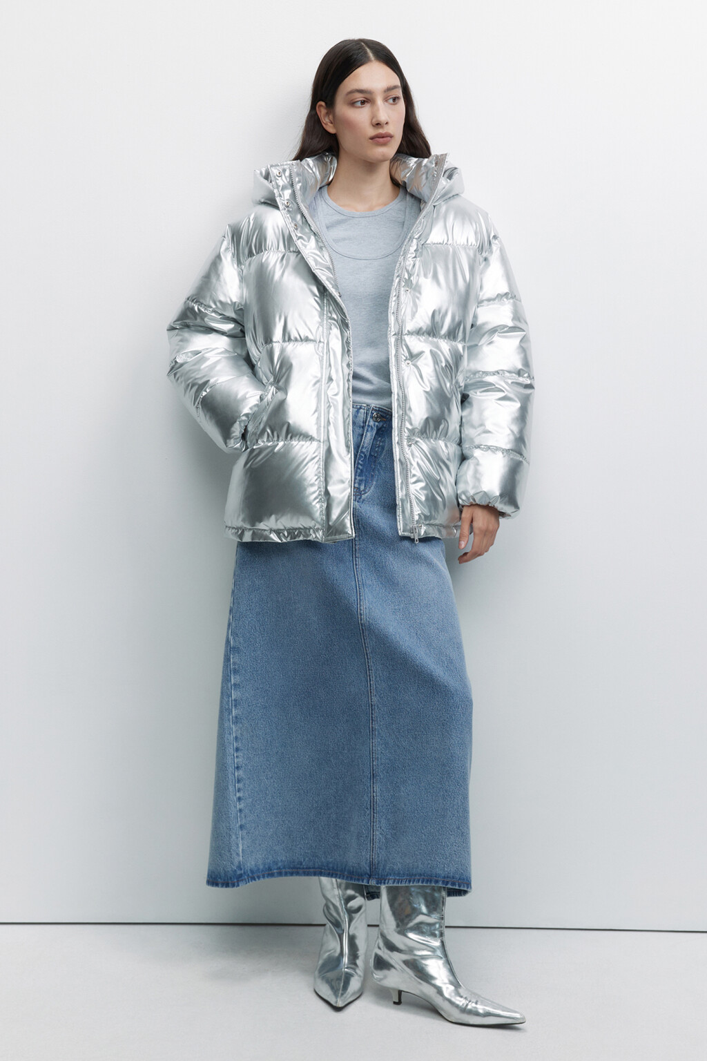 Куртка дутая стеганая с капюшоном и эффектом металлик - цвет серый - 1