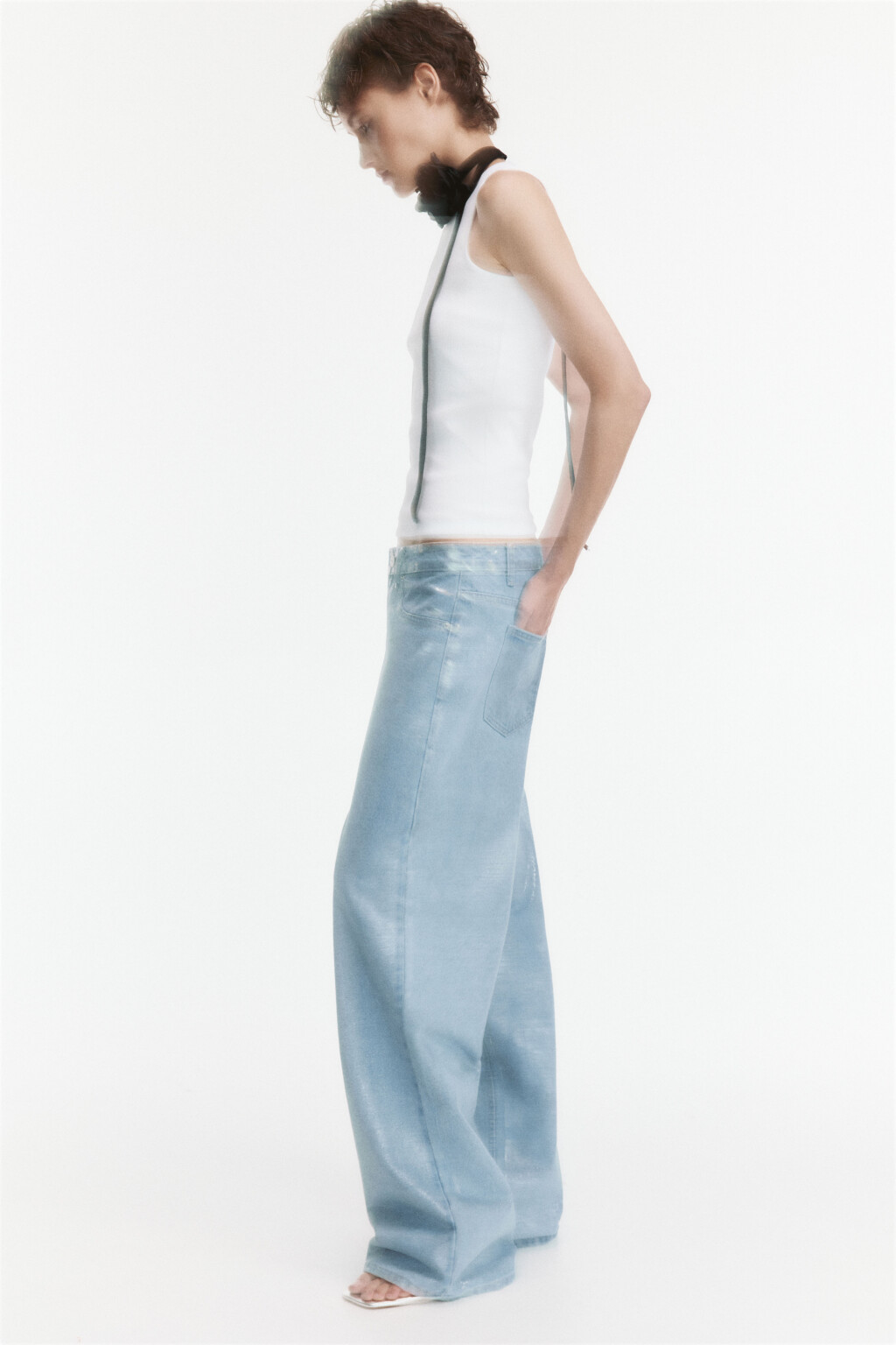 Джинсы широкие с серебристым покрытием - цвет серый - 3