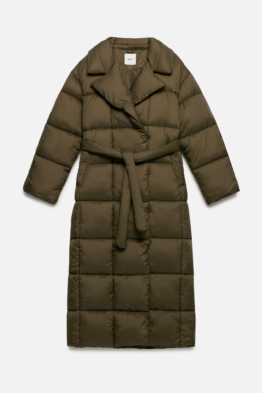 Пальто стеганое с поясом и широким воротником - цвет зеленый - 10