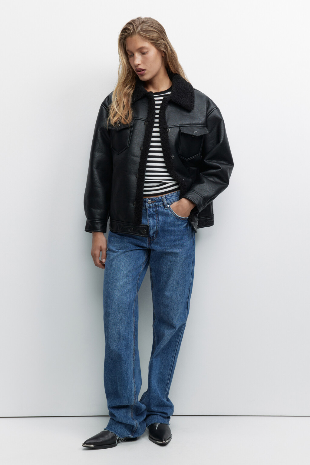 Куртка-дубленка утепленная с меховым воротником - цвет черный - 6