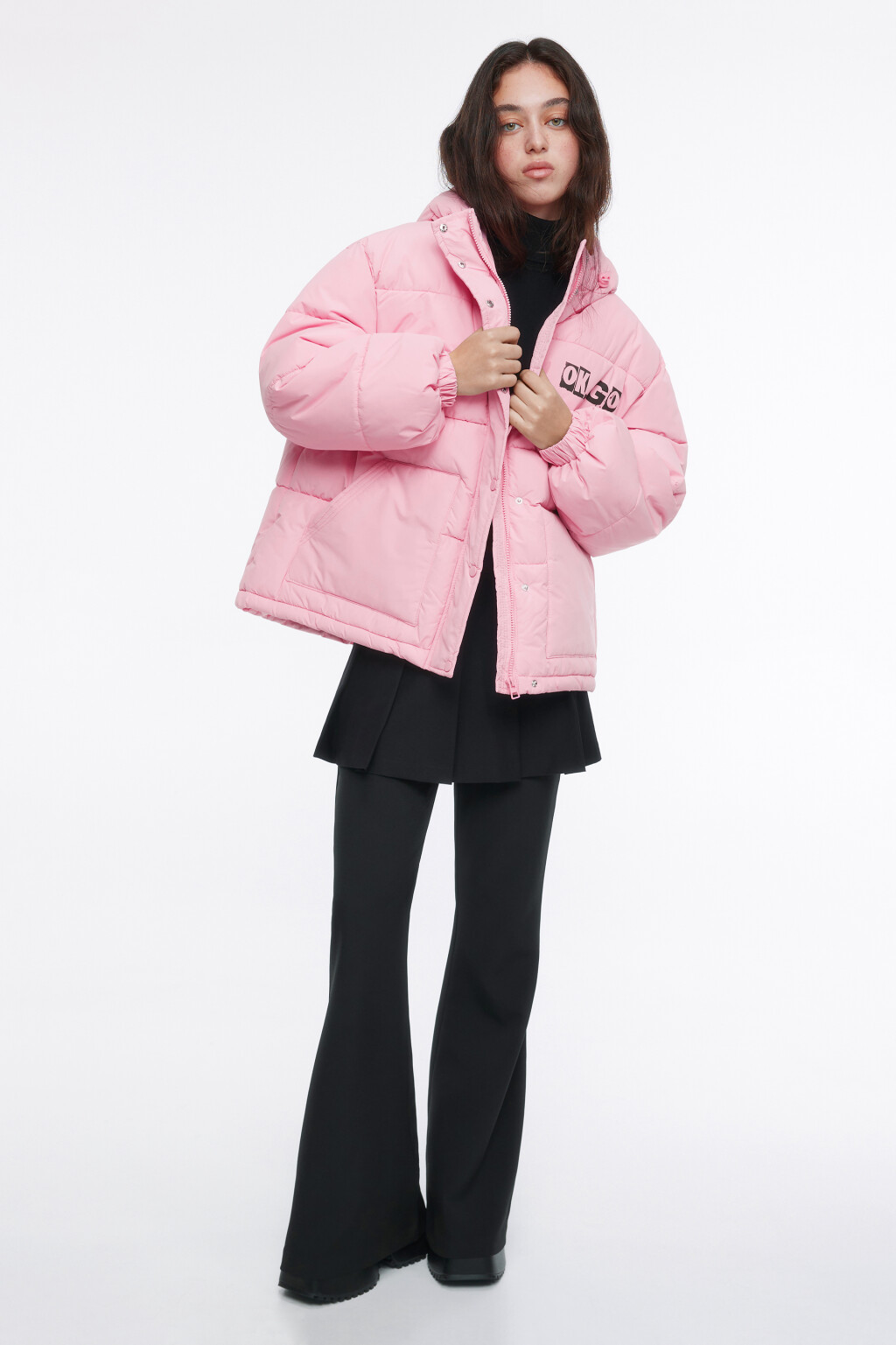 Куртка oversize короткая утепленная с капюшоном - цвет розовый - 1