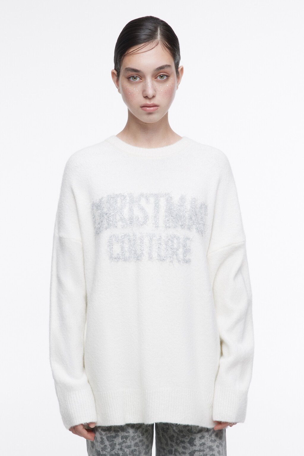 Джемпер oversize вязаный с принтом-надписью - цвет бежевый - 3