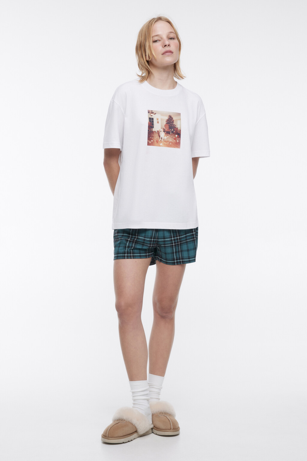 Футболка свободная с новогодним принтом - цвет белый - 1