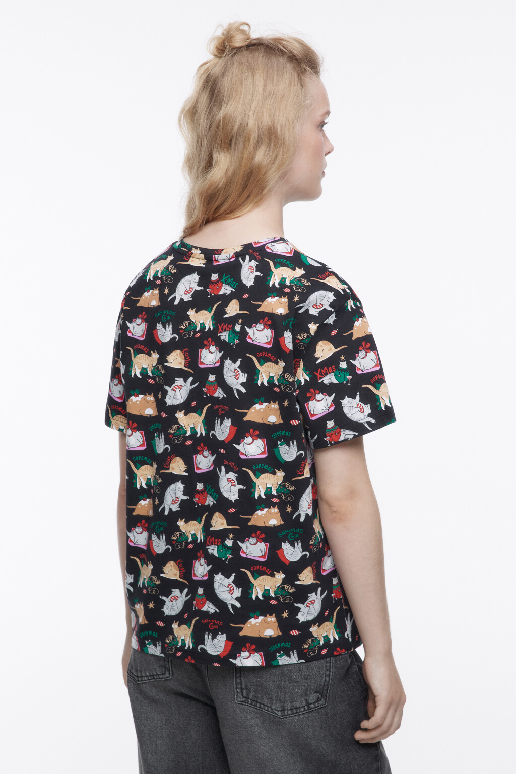 Футболка хлопковая с новогодним принтом - цвет черный - 3
