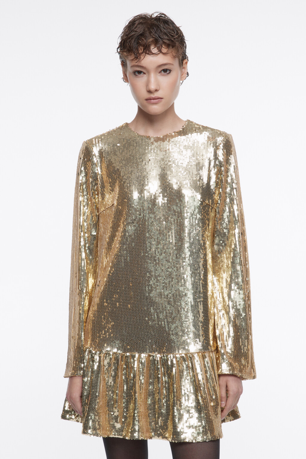 Платье из пайеток с длинными рукавами и воланом - цвет желтый - 3