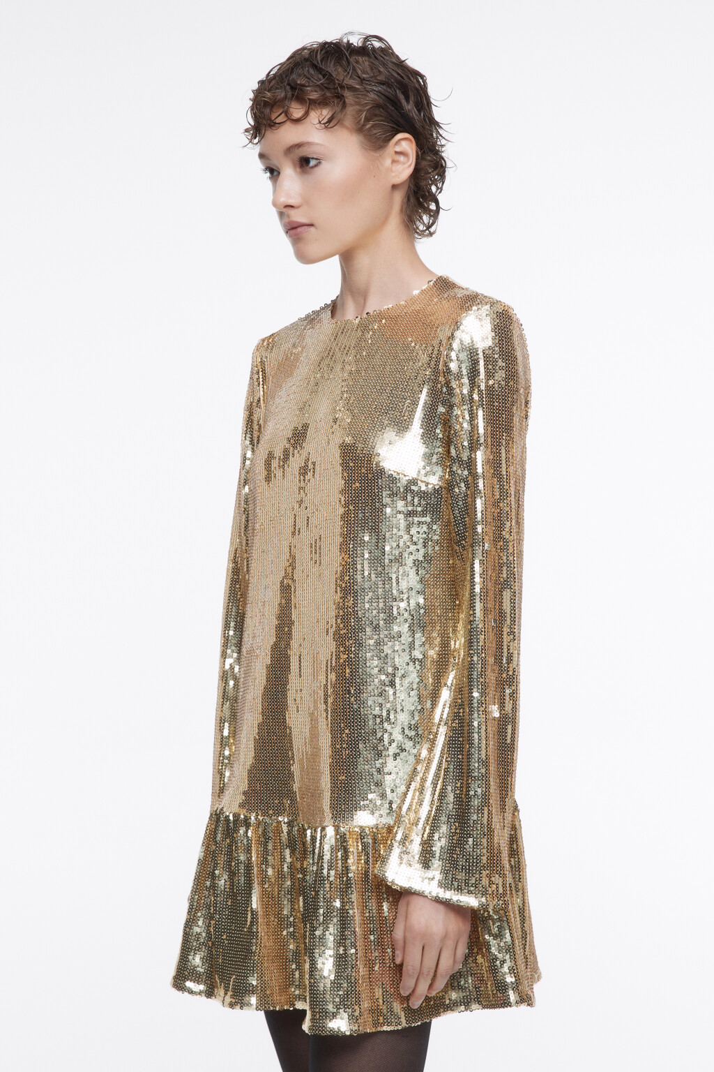 Платье из пайеток с длинными рукавами и воланом - цвет желтый - 4